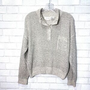 Women Gray Silk Angora Henley Sweater Medium Quiet Luxury Old Money Preppy Soft